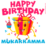 A vibrant and funny gift box character with a happy face dancing with a cupcake and the text 'Happy Birthday Mukarramma,' surrounded by animated confetti and party vibes.