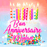 A white birthday cake covered in colorful sprinkles, topped with bright candles, and French text 'Bon Anniversaire Mulan' on a pastel gradient background in an animated GIF.