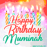 Bright birthday candles with rainbow flames on a cake, alongside the text 'Happy Birthday Muminah' in vibrant script in this celebratory animated GIF.