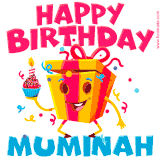 A vibrant and funny gift box character with a happy face dancing with a cupcake and the text 'Happy Birthday Muminah,' surrounded by animated confetti and party vibes.