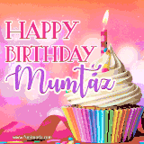 A vibrant birthday GIF featuring a rainbow-colored cupcake topped with white frosting, sprinkles, and a lit candle. The text reads 'Happy Birthday Mumtaz' in bold pink and violet letters with white outline.