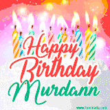 Bright birthday candles with rainbow flames on a cake, alongside the text 'Happy Birthday Murdann' in vibrant script in this celebratory animated GIF.