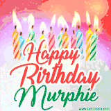 Bright birthday candles with rainbow flames on a cake, alongside the text 'Happy Birthday Murphie' in vibrant script in this celebratory animated GIF.