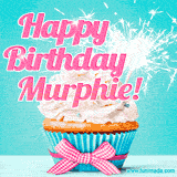 A festive cupcake with pink icing, a gingham bow, and a lit animated sparkler, paired with 'Happy Birthday Murphie!' in bright pink text.