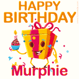 A vibrant and funny gift box character with a happy face dancing with a cupcake and the text 'Happy Birthday Murphie,' surrounded by animated confetti and party vibes.