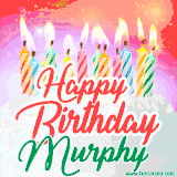 Bright birthday candles with rainbow flames on a cake, alongside the text 'Happy Birthday Murphy' in vibrant script in this celebratory animated GIF.