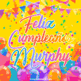 A bright and festive GIF with the text 'Feliz Cumpleaños Murphy' in Spanish in colorful fonts, surrounded by confetti, balloons, and festive banners on a vibrant yellow background.