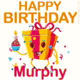 A vibrant and funny gift box character with a happy face dancing with a cupcake and the text 'Happy Birthday Murphy,' surrounded by animated confetti and party vibes.