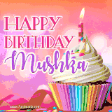 A vibrant birthday GIF featuring a rainbow-colored cupcake topped with white frosting, sprinkles, and a lit candle. The text reads 'Happy Birthday Mushka' in bold pink and violet letters with white outline.