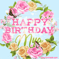 A charming animated GIF featuring 'Happy Birthday Mya' in pink and green text, surrounded by delicate roses, leaves, and fluttering butterflies on a soft light blue pastel background.