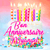 A white birthday cake covered in colorful sprinkles, topped with bright candles, and French text 'Bon Anniversaire Myangel' on a pastel gradient background in an animated GIF.