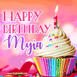 A vibrant birthday GIF featuring a rainbow-colored cupcake topped with white frosting, sprinkles, and a lit candle. The text reads 'Happy Birthday Myia' in bold pink and violet letters with white outline.