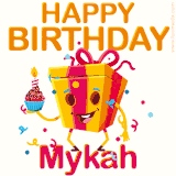 A vibrant and funny gift box character with a happy face dancing with a cupcake and the text 'Happy Birthday Mykah,' surrounded by animated confetti and party vibes.