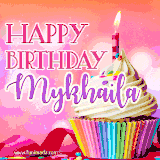 A vibrant birthday GIF featuring a rainbow-colored cupcake topped with white frosting, sprinkles, and a lit candle. The text reads 'Happy Birthday Mykhaila' in bold pink and violet letters with white outline.