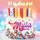 A cheerful white birthday cake with multicolor sprinkles, lit candles, and 'Myla' written in vibrant letters, in an animated GIF.