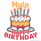 Cartoon birthday cake with a red bow, glowing candles, and 'Myla Happy Birthday' text in bold animated style.