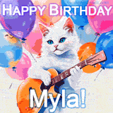 Animated GIF featuring a charming white cat with bright blue eyes strumming a guitar while colorful balloons float in the background, with 'Happy Birthday Myla!' text.