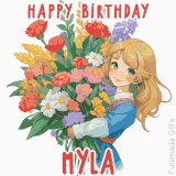 Bright floral birthday animation for Myla showing a cute cartoon girl with golden hair and expressive eyes holding a huge bouquet, surrounded by birthday text.