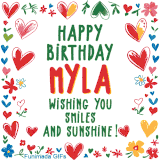 A colorful animated card for Myla’s birthday featuring playful hearts, cheerful flowers, and a handwritten message wishing smiles and sunshine.