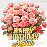 Golden 'Happy Birthday Mylah' text beneath a vibrant bouquet of orange roses, complete with glittering butterflies and sparkling details.
