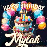 Bright birthday animation for Mylah with a chocolate cake, candles, balloons, and glowing celebratory lights.