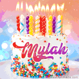A cheerful white birthday cake with multicolor sprinkles, lit candles, and 'Mylah' written in vibrant letters, in an animated GIF.