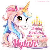 An adorable animated unicorn with soft pastel colors sits beside a birthday cake with glowing candles, and a pink 'Happy Birthday Mylah!' words.
