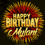 Golden 'Happy Birthday Mylani' text accompanied by animated rainbow fireworks for a festive animated greeting.