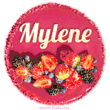 Beautifully decorated red velvet berry birthday cake with vibrant fruits and a glowing 'Mylene' name, adding a touch of sweetness and sparkle.