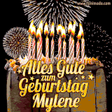 A chocolate birthday cake with glowing candles, the German text 'Alles Gute zum Geburtstag Mylene,' and vibrant fireworks lighting up the background in an animated GIF.