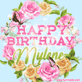A charming animated GIF featuring 'Happy Birthday Mylene' in pink and green text, surrounded by delicate roses, leaves, and fluttering butterflies on a soft light blue pastel background.