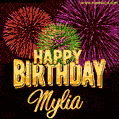 Wishing You A Happy Birthday, Mylia! Best fireworks GIF animated greeting card.