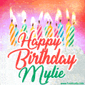 Happy Birthday GIF for Mylie with Birthday Cake and Lit Candles
