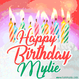 Bright birthday candles with rainbow flames on a cake, alongside the text 'Happy Birthday Mylie' in vibrant script in this celebratory animated GIF.