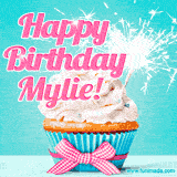 A festive cupcake with pink icing, a gingham bow, and a lit animated sparkler, paired with 'Happy Birthday Mylie!' in bright pink text.