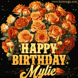 Animated bouquet of orange roses with moving butterfles and golden 'Happy Birthday Mylie' text, surrounded by sparkling accents and a dark backdrop for a luxurious feel.