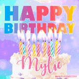 A vibrant animated name GIF with the words 'Happy Birthday Mylie' with colorful candles on a creamy cake. The background sparkles with pastel shades, adding a festive touch.