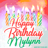 Bright birthday candles with rainbow flames on a cake, alongside the text 'Happy Birthday Mylynn' in vibrant script in this celebratory animated GIF.