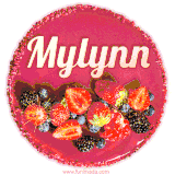 Beautifully decorated red velvet berry birthday cake with vibrant fruits and a glowing 'Mylynn' name, adding a touch of sweetness and sparkle.