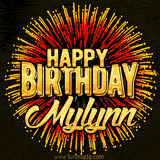 Golden 'Happy Birthday Mylynn' text accompanied by animated rainbow fireworks for a festive animated greeting.