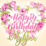 A stunning heart made of pink roses surrounds the elegant script text 'Happy Birthday Mylynn' on a soft beige background. Animated sparkles add a magical and festive feel.