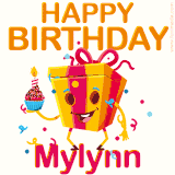 A vibrant and funny gift box character with a happy face dancing with a cupcake and the text 'Happy Birthday Mylynn,' surrounded by animated confetti and party vibes.