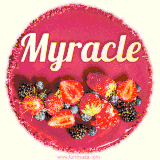 Beautifully decorated red velvet berry birthday cake with vibrant fruits and a glowing 'Myracle' name, adding a touch of sweetness and sparkle.