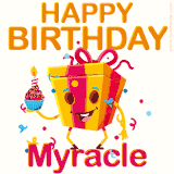 A vibrant and funny gift box character with a happy face dancing with a cupcake and the text 'Happy Birthday Myracle,' surrounded by animated confetti and party vibes.