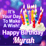 A colorful birthday GIF for Myrah featuring a cupcake with vibrant lit candles and the text 'It's Your Day to Make a Wish! Happy Birthday Myrah' in bold letters on a festive purple background.