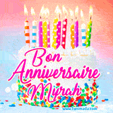A white birthday cake covered in colorful sprinkles, topped with bright candles, and French text 'Bon Anniversaire Myrah' on a pastel gradient background in an animated GIF.