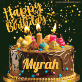 A delightful chocolate birthday cake with bright candles and 'Happy Birthday Myrah' written in gold amidst a shower of animated stars.