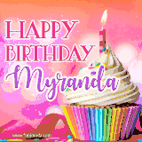 A vibrant birthday GIF featuring a rainbow-colored cupcake topped with white frosting, sprinkles, and a lit candle. The text reads 'Happy Birthday Myranda' in bold pink and violet letters with white outline.