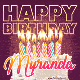 A colorful birthday cake topped with lit candles, with the words 'Happy Birthday Myranda' in bold glowing letters on a burgundy background. Animated flames add a festive touch.
