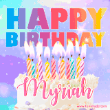 A vibrant animated name GIF with the words 'Happy Birthday Myriah' with colorful candles on a creamy cake. The background sparkles with pastel shades, adding a festive touch.